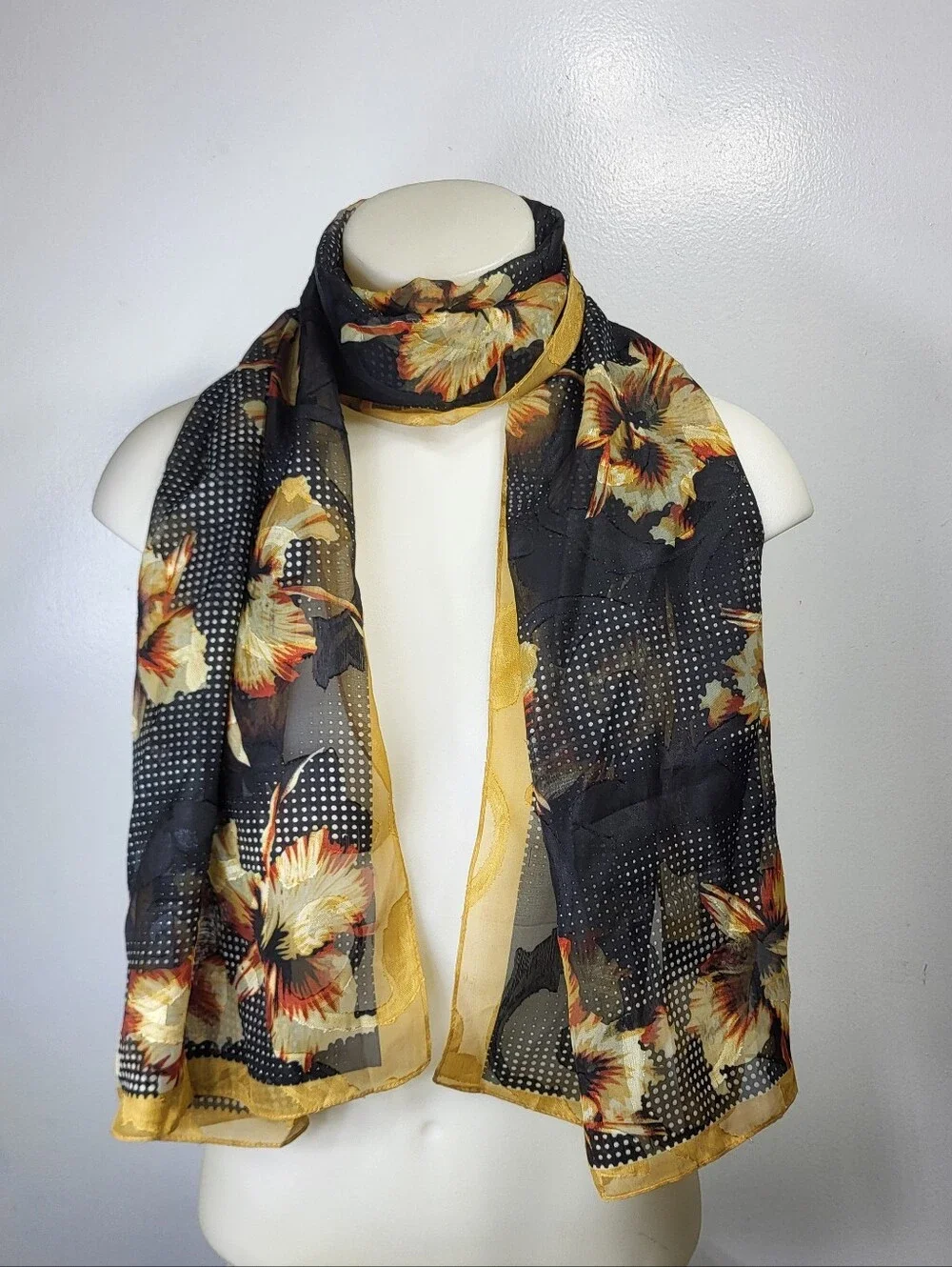 Mosi Silk Touch Black Floral Sheer Scarf with Yellow Accents 64